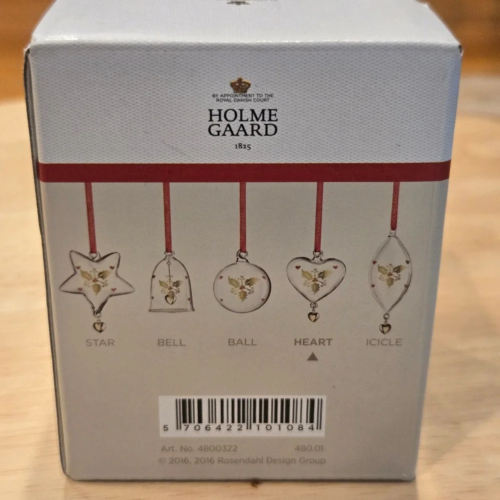 Holmegaard Christmas Heart Ornament Blown Glass Clear Holly Ann-Sofi Romme New